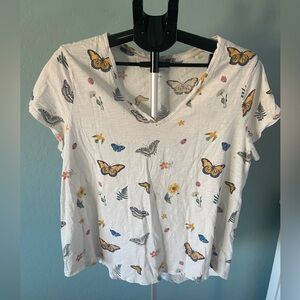 Lucky Brand Butterfly and Floral Print V-Neck Tee